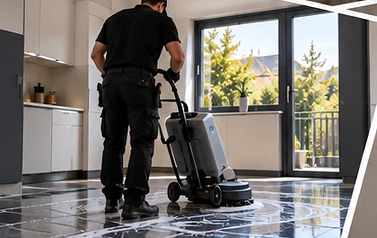Nettoyage d'un sol avec une monobrosse dans un local professionnel