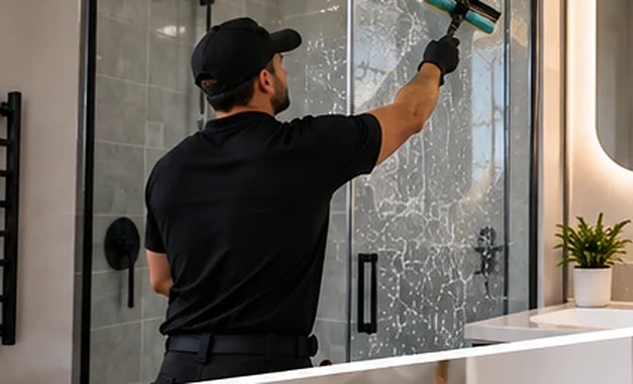 Nettoyage d'une paroi de douche dans une salle de bain